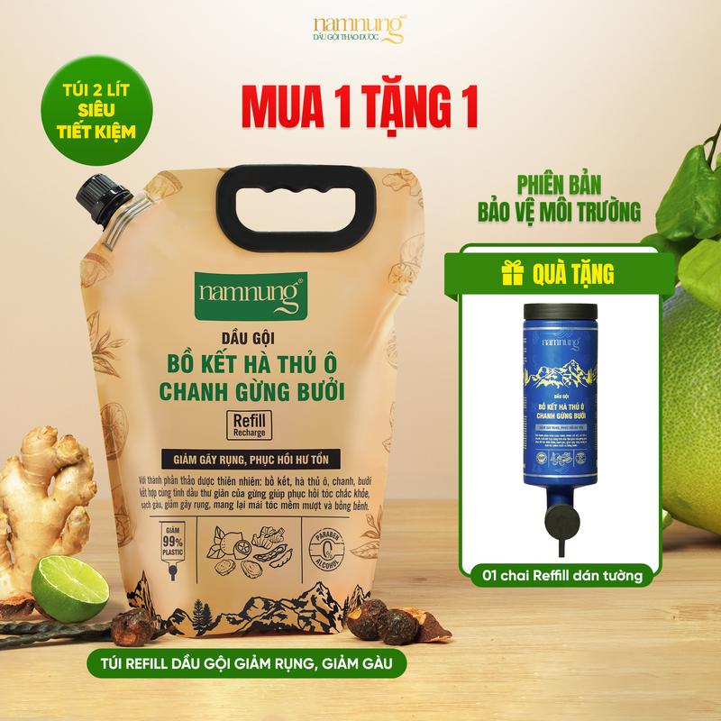 (Sắp cháy hàng) Dầu gội thảo dược bồ kết NamNung hỗ trợ giảm rụng Túi refill bigsize tiết kiệm, nắp vặn tiện lợi 2L Chăm sóc tóc Dưỡng tóc nữ - Giảm 39%