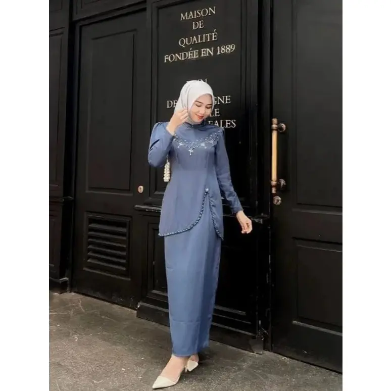 (ADA JUMBO) Ready Denim Bisa COD - NEW Oneset Felicya Kurung Melayu Malaysia Dress Pesta Setelan Wanita Baju Kondangan Kekinian 3