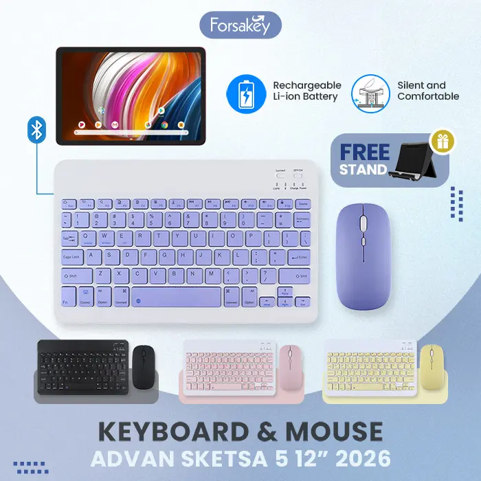 ( SET KEYBOARD & MOUSE ) Untuk Tablet Advan Sketsa 5 12" 2026 VX Lite Neo A10 Xtab V8 A8 A 8 8.4 10 10.1 10.4 12 inch Advance Tab 1 2 3 Wireless Bluetooth Blutooth Keybord Kibord Mos Warna Macaron Tanpa Kabel