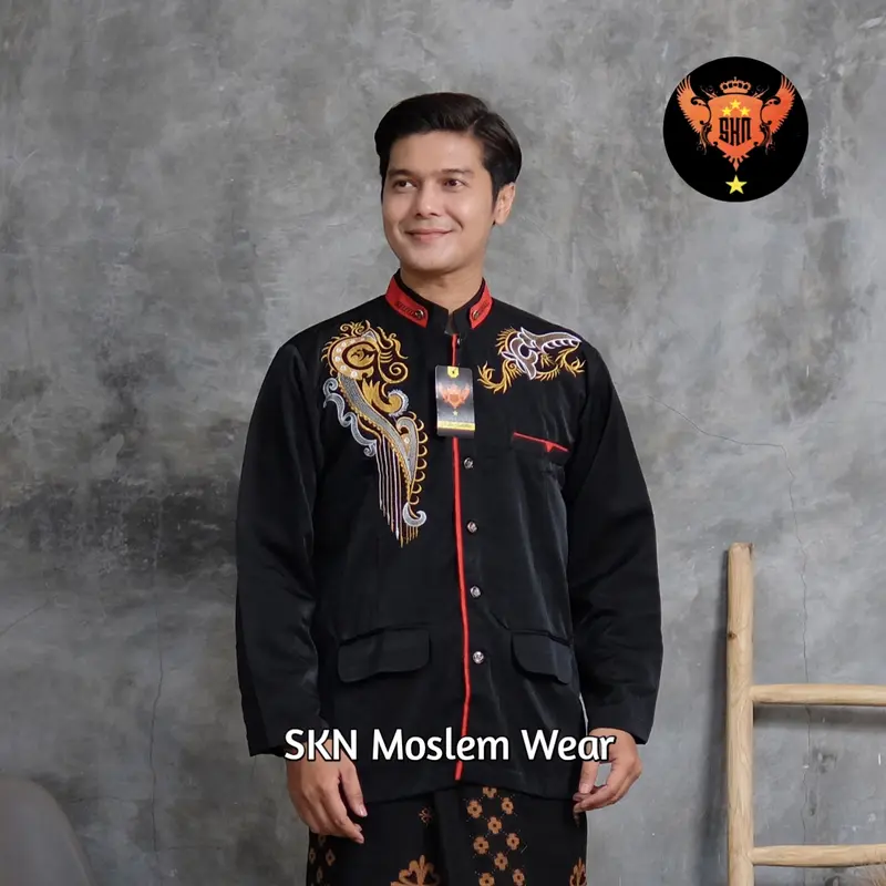 SKN Jasko Bordir Motif KIPAS Baju Jas Koko M L XL XXL 3L 4L 5L Jumbo Pria Kain High Twist Premium Hitam Putih 4