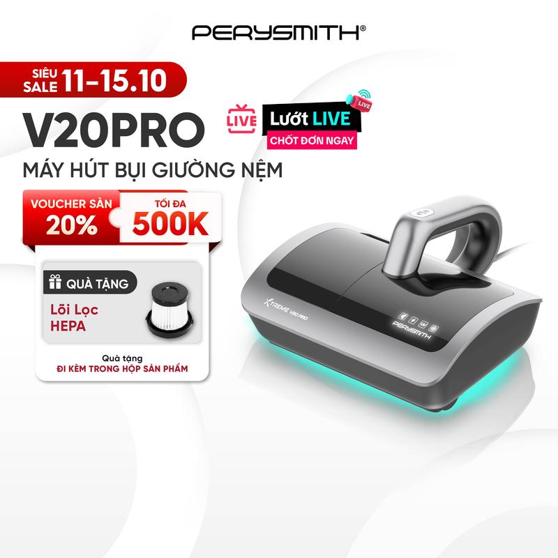 PerySmith V20Pro Máy Hút Bụi Giường Nệm Không Dây 15000PA Hút Tóc Lông Thú Cưng Có Đèn UV Diệt Khuẩn Tặng Lõi Lọc HEPA Bảo Hành 1 Năm