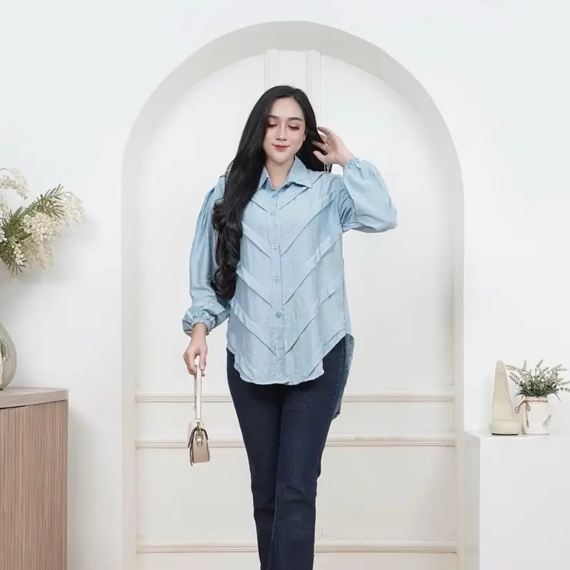 Medina Blouse Kemeja Atasan Nyaman - Kemeja Wanita Blouse - Atasan Wanita Kekinian Basic Linen 2
