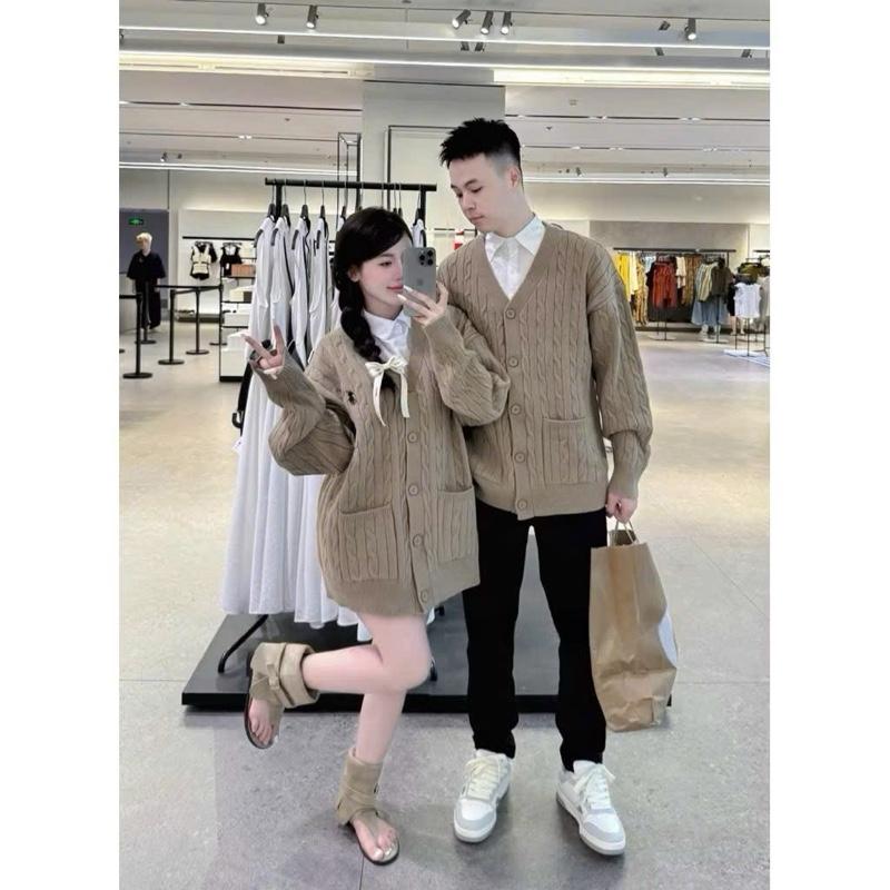 Áo cardigan len vặn thừng logo thêu hình fom rộng đồ đôi thu đông BIGSIZE