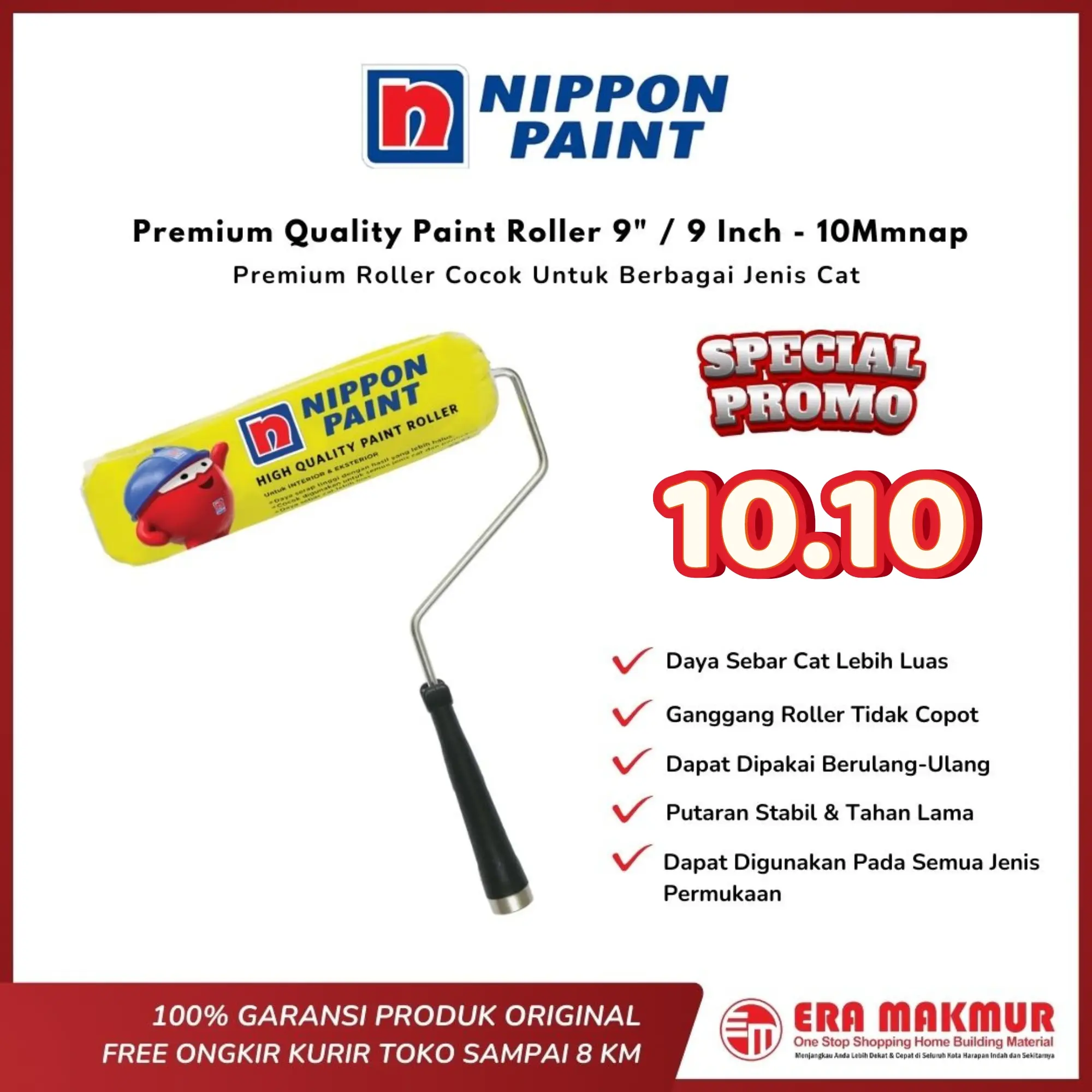 NIPPON PAINT - Premium Quality Paint Roller 9" / 9 Inch - 10Mmnap - For Interior & Exterior – SET / Refill Roller Cat