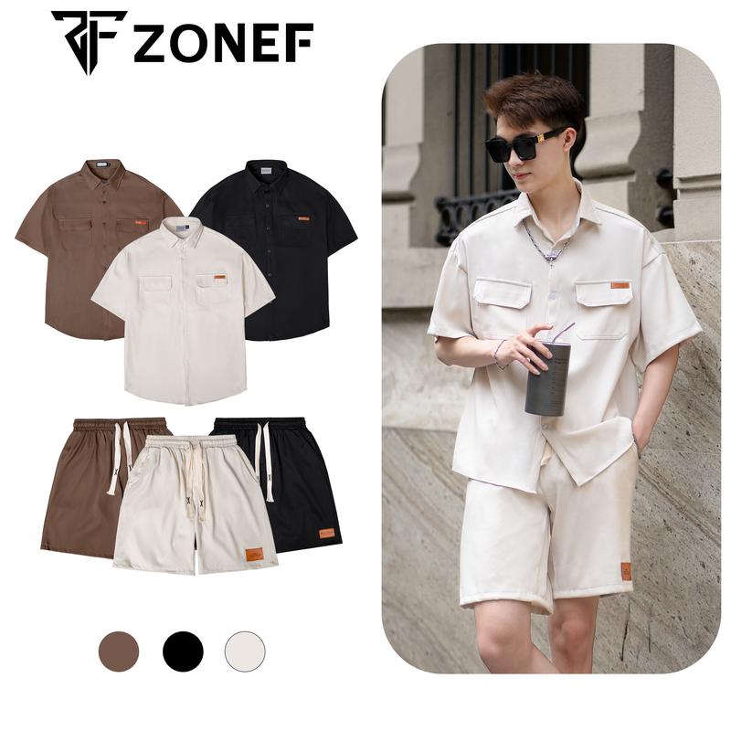 Bộ Quần Áo Nam Kiểu Sơ Mi Tay Ngắn Quần Short Có Túi ZONEF, Sơ Mi Ngắn Tay Vải chéo hàn Thoáng Mát Menswear Shirt (BD) Có Cổ Polo Màu Đen