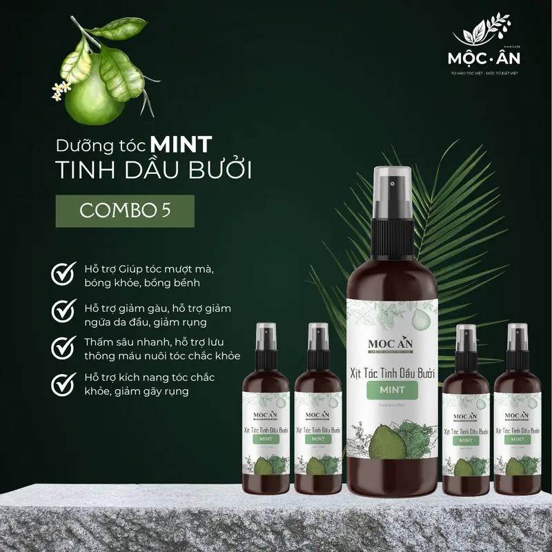 X5BMI120 - Combo 5 Chai Xịt Tinh Dầu Vỏ Bưởi Da Xanh & Tinh Dầu Bạc Hà Mộc Ân Haircare 120ml Hỗ Trợ Giảm Rụng, Mọc Tóc Chăm Sóc Tóc 0