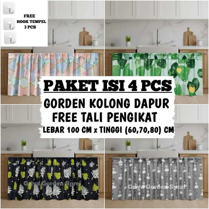 Paket hemat isi 4 pcs gorden kolong dapur serut pony free tali dan hook tempel