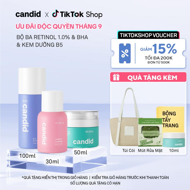 Bộ Ba Hỗ Trợ Cải Thiện Và Phục Hồi Da Candid Retinol 1.0% 30ml & Kem Dưỡng B5 Cica 50ml & BHA 100ml
