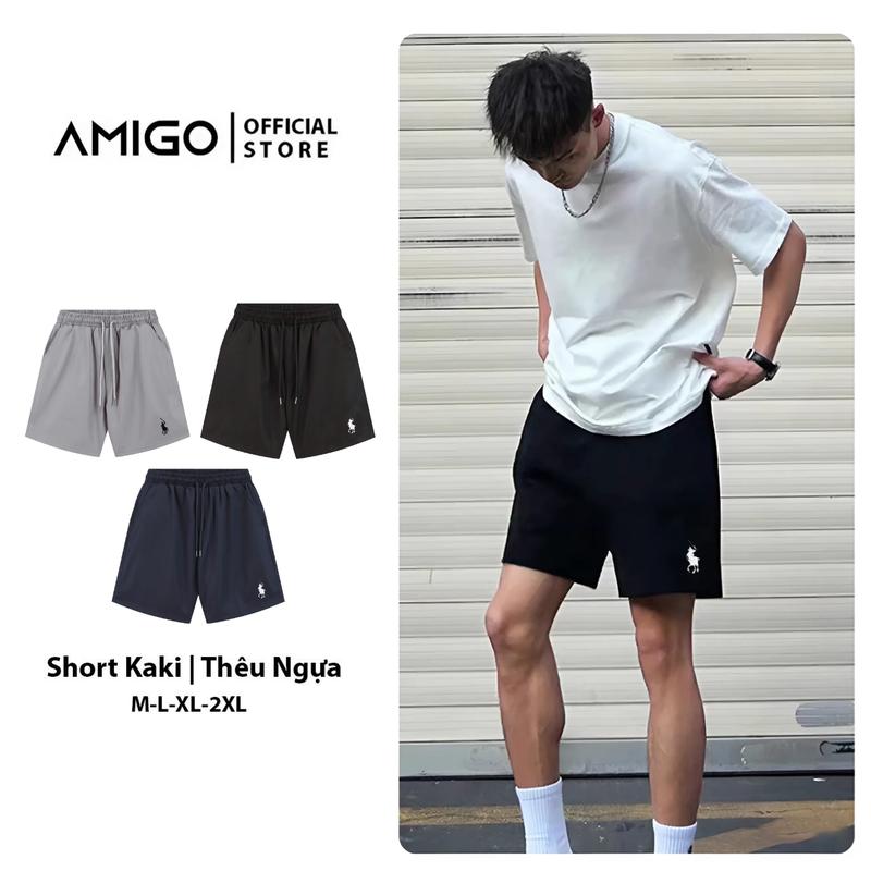 Combo 2 Quần Short Kaki Nam Nữ AMIGO, Thêu Logo Ngựa Cao Cấp, Chất Liệu Kaki Dù Thoáng Mát