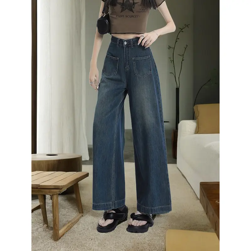 JEANSHIGHWAIST- Celana kulot jeans highwaist retro wanita dua waist kantong depan jins Panjang Cewek dua Denim A-line pants skena premium import baggy outfits fading gombrong straight remaja xl biru vintage lulu chic wide leg ootd cute Casual yoyo Loose 5