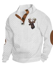 Sudadera Jacquard para Hombre con Estampado de Reno, Ribete de Contraste y Diseño Patchwork, Corte Regular, Cómoda y Casual, Manga Larga, Frente con Media Botonadura y Cuello Stand, Ideal para Primavera y Otoño, Top de Moda para Uso Diario