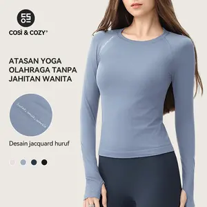 COSI COZY Kaos Olahraga Wanita Slim Fit Lengan Panjang Atasan Yoga Desain Jacquard Tanpa Jahitan