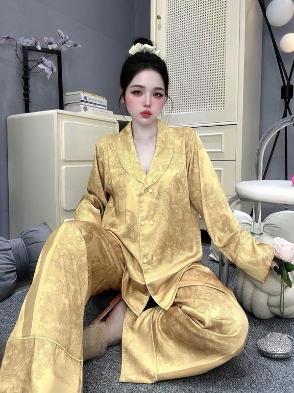  Đồ Bộ Pijama Nữ Lụa Latin Tơ Tằm Thoáng Mát Cổ Sam Tay Dài Quần Dài In Họa Tiết Loang Rừng Màu Vàng Dưa Cải  Size 45-60kg và 61-75kg  Có Bigsize  Women Dài Tay 