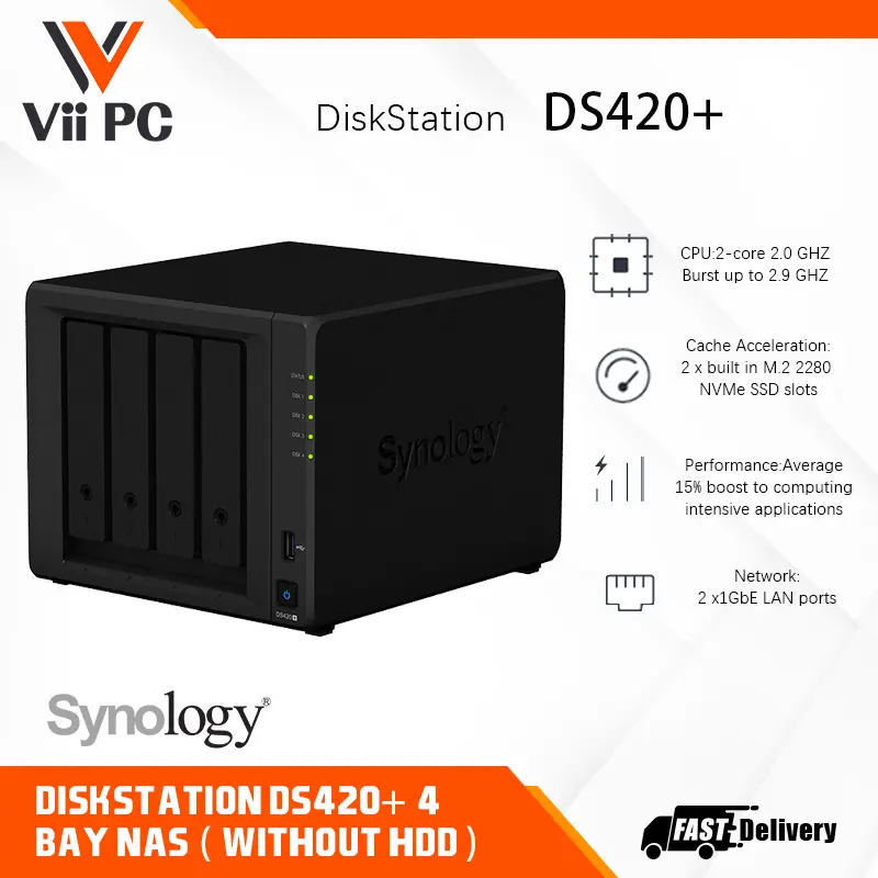 Synology DiskStation DS420+ 4-Bay NAS ( without HDD ) - Dual Core 2.0 GHz (turbo to 2.9 GHz), 2GB RAM (up to 6GB)