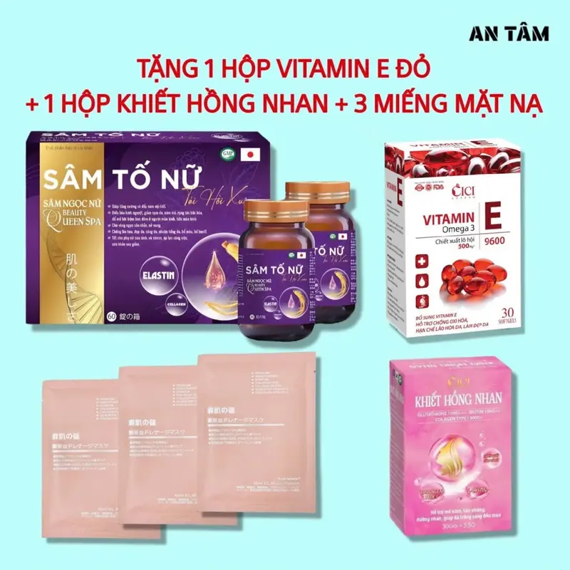 [Mua 1 Được 4] Combo Viên Uống Sâm Tố Nữ Tái Hồi Xuân (Hộp 2 Lọ 60 Viên) + Tặng 1 Hộp Collagen Khiết Hồng Nhan + 1 Hộp Vitamin E Đỏ Omega 3 + Mặt Nạ Cừu 0