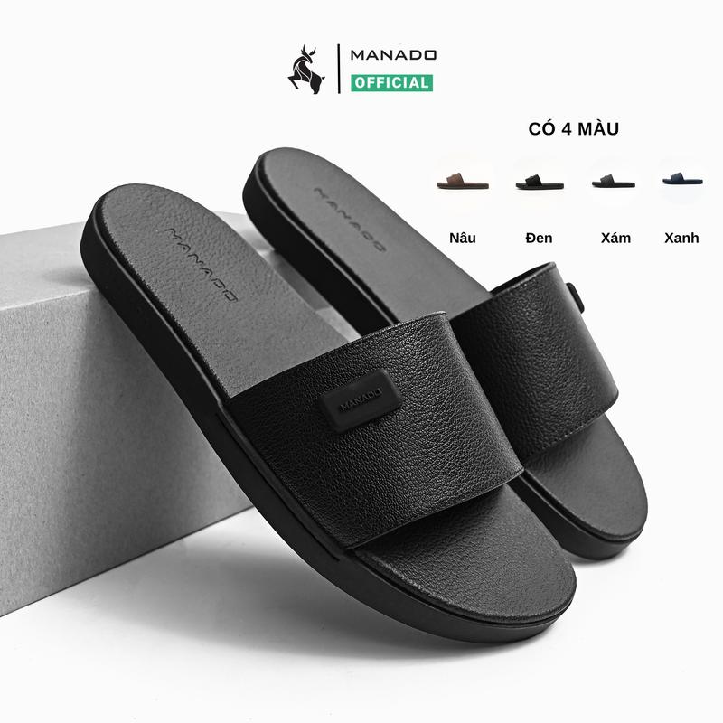 Dép da nam MANADO kiểu quai ngang mã MND30, Dép lê nam chất liệu da bò da nubuck, đế cao su khâu chắc chắn fullbox thích hợp đi chơi, đi biển màu đen basic đơn giản sang trọng
