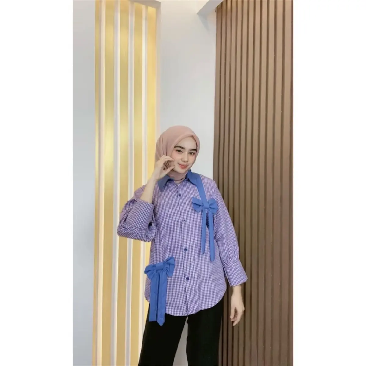 Nucha shirt kemeja kotak coquete| kemeja pita oversize strip baju kemeja wanita