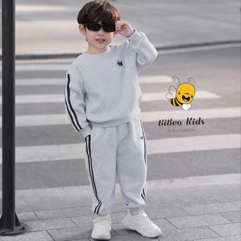 BiBeo Kids BỘ QUẦN ÁO NỈ THỂ THAO THÊU CÚN PHỐI SỌC XANH cho bé trai
