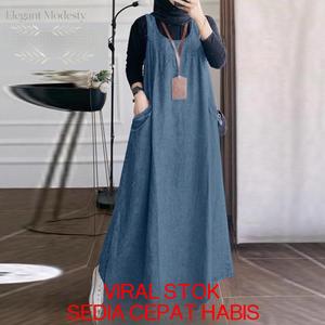 Pakaian Raya Wanita Muslim, tanpa lengan, leher bulat, gaun denim kasual, gaun Kebaya Cheongsam moden, kapas premium, jubah fesyen, lengan batwang sulam tangan, kain kosong.