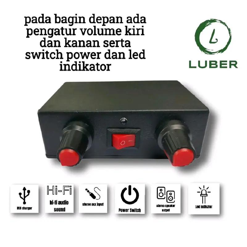 amplifier miniatur 2 channel 5vdc  dengan colokan aux input 3,5 1