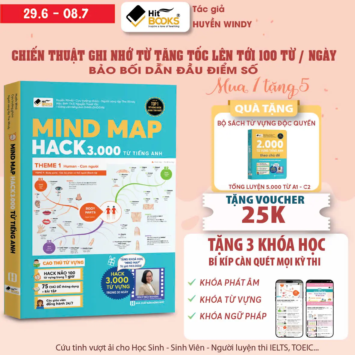 Sách Mindmap 3000 từ vựng, MM giao tiếp, trình bày theo sơ đồ tư duy, tặng kèm cuốn 2000 từ vựng TA, sổ tay khoá học Hitbooks