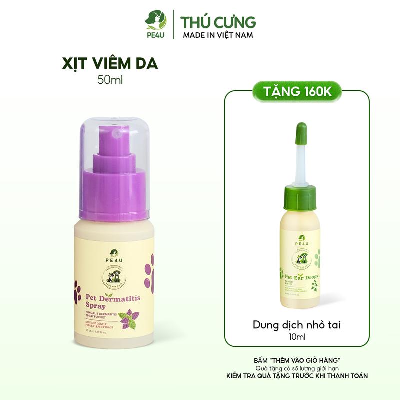 Xịt Viêm Da Chó Mèo PE4U - Xịt Viêm Da nấm ngứa thuần chay PE4U Giúp Sát Khuẩn Khử Trùng Giảm Ngứa Hỗ Trợ Phục Hồi da 50ml