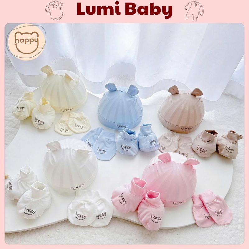Lumi Baby- Set Mũ Kèm Bao Tay Bao Chân Happy Kids Màu Sắc Cho Bé Sơ Sinh Vải Thun Lạnh Mềm Mại An Toàn Cho Bé Trai- Gái