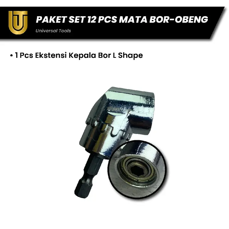 Peket Set 12 pcs: 1 pcs keyless Chuck kepala bor hexagonal, 1 pcs Ekstensi kepala bor L shape, 5 pcs set mata bor countersink sekrup, dan 5 mata obeng magnet ph2. 4