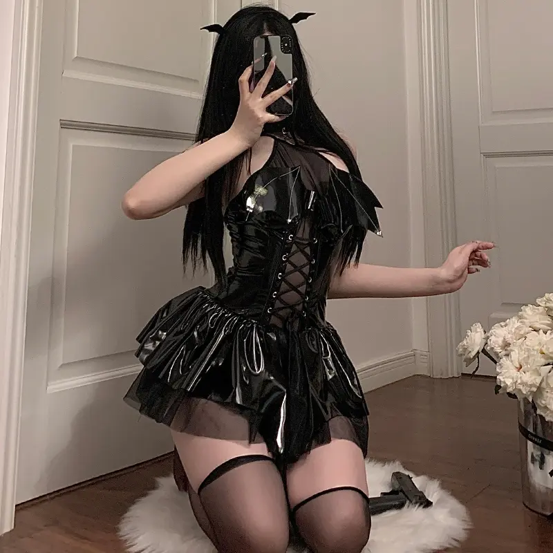 Sexy lady nightgown, tight patent leather glossy PU strapless tie-up sheer short skirt set, cosplay bat-wing little devil backless lingerie seductive uniform Womenswear Comfort