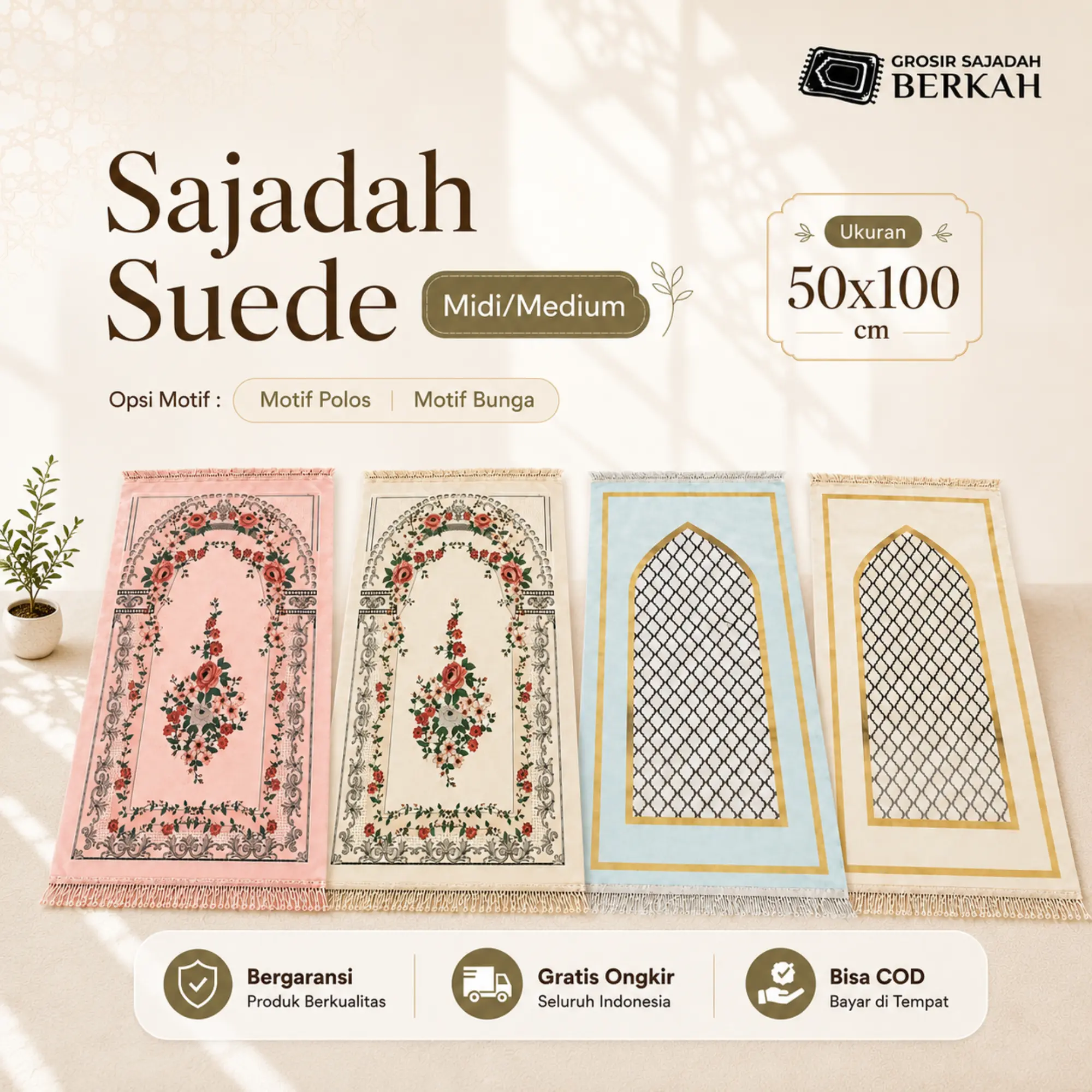 Sajadah Midi Bahan Suede Lembut Premium Ukuran Medium Rumbai Tambang Bisa COD