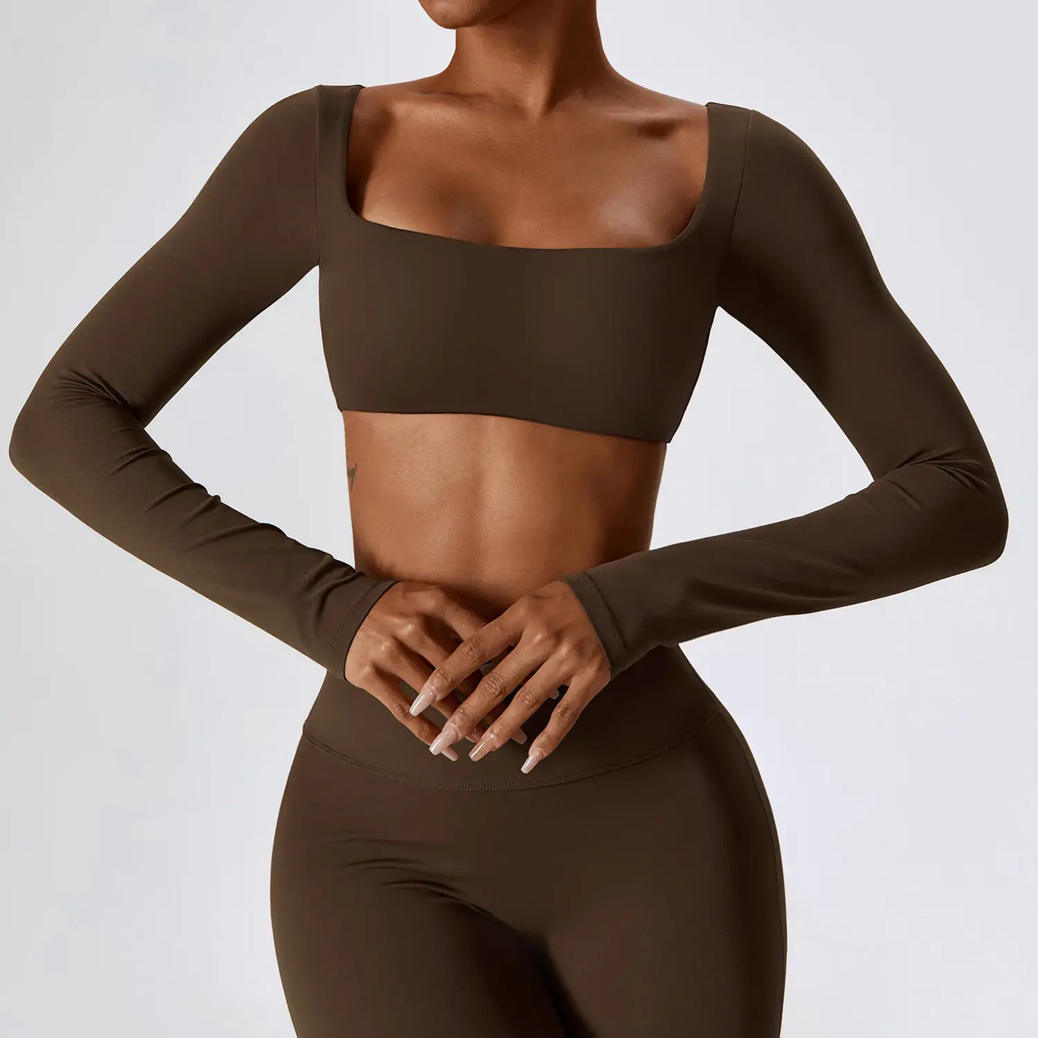 Áo Crop Top Yoga, Dành Cho Nữ, Không Đường May, Gợi Cảm, Cổ Vuông, Co Giãn, Tay Áo Dài, Nhanh Khô, Thoáng Khí, Thích Hợp Cho Phòng Tập Gym, Chạy Bộ Và Thể Thao, Đồ Mặc Thể Thao