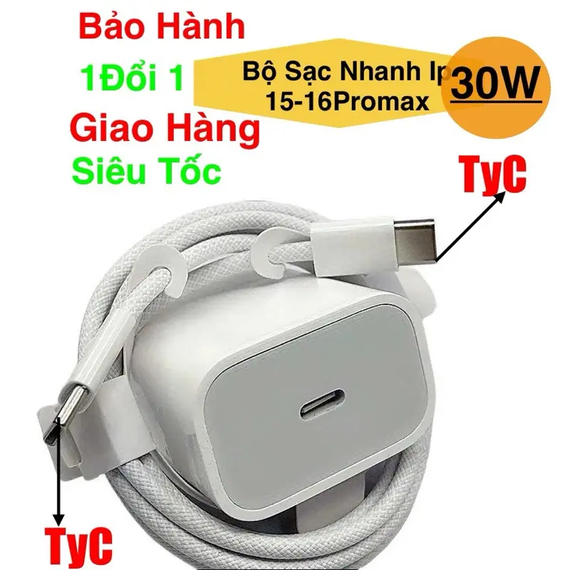 Bộ sạc nhanh 30W ,cục sạc nhanh ,cáp sạc TyC  to tyC,dây sạc nhanh ip cho điện thoại 15-15pro-15plus-15 pro max. Phụ Kiện  Kem
