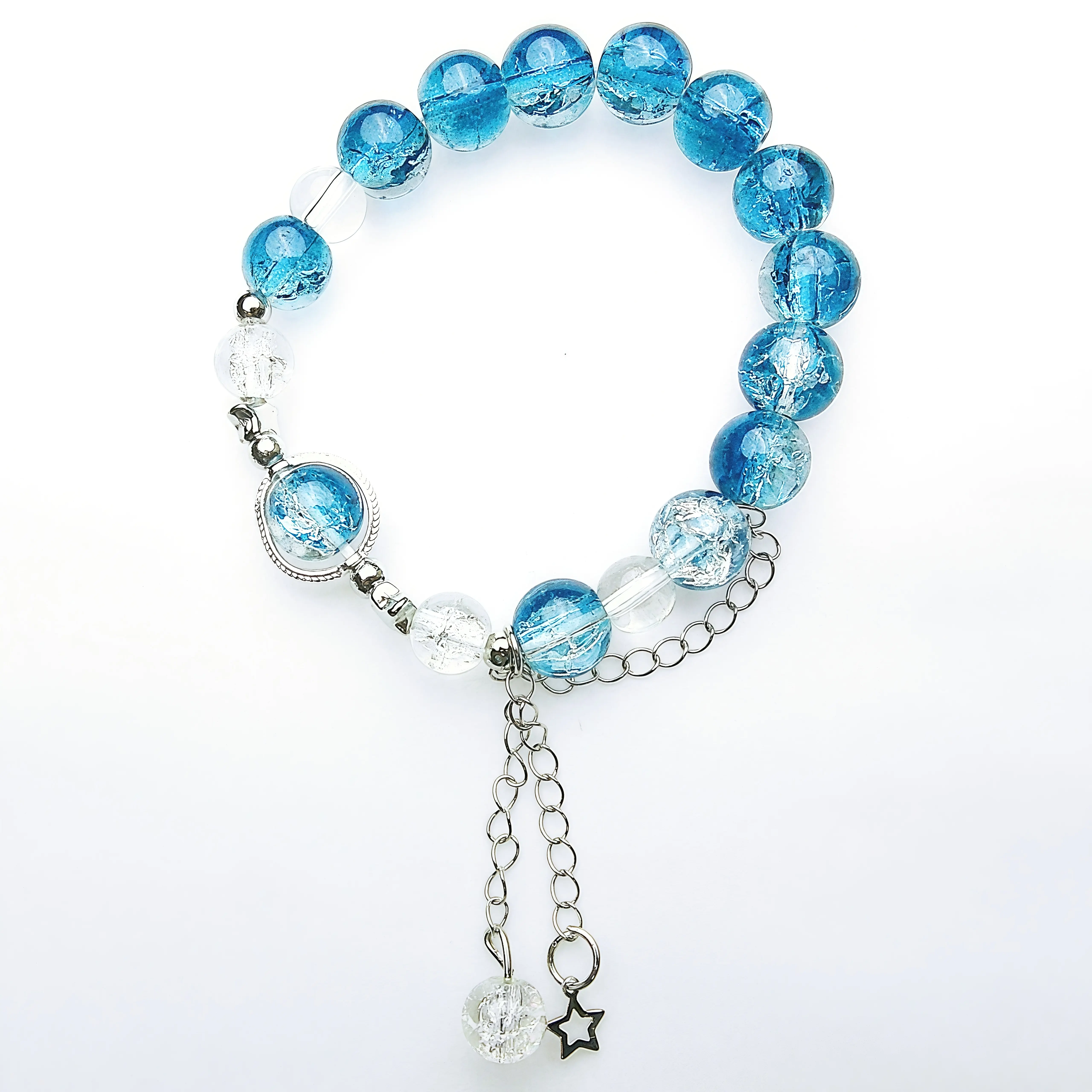 Elegant Light Blue Ice Crackle Glass Bead Bracelet,Gift Box Included, Frosted Design with Decorative Accents, Unique & Stylish! Braided Rope Animal Button Bracelet Sea Blue Abacus Be bala bangles  bracelet italian  charm  bracelet  singapore
