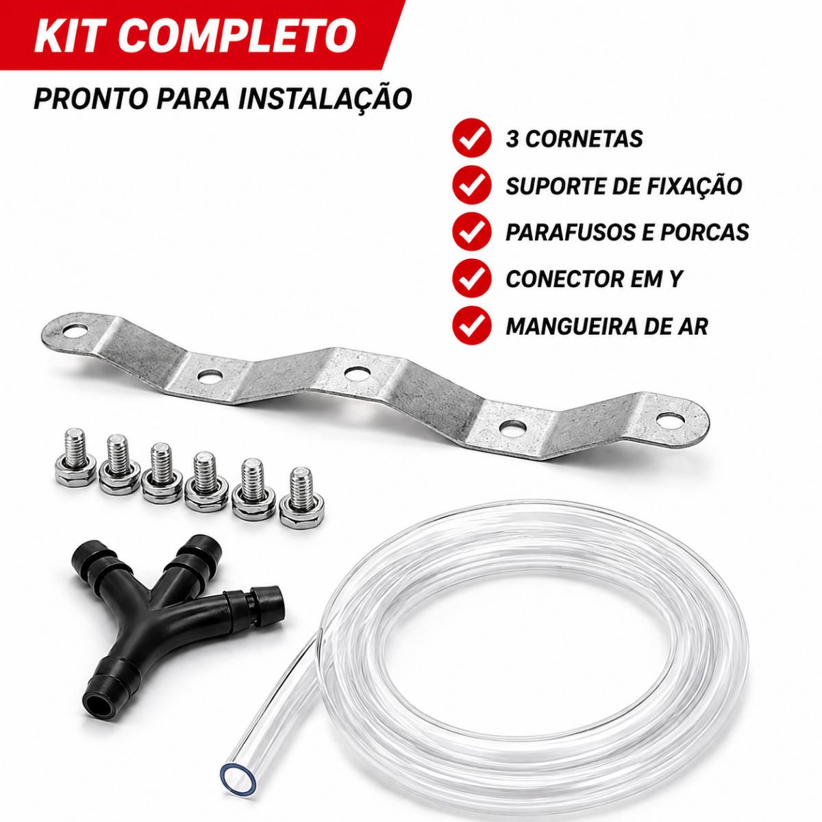 Buzina Verdureiro 3 Cornetas Vermelhas Automotiva Universal Carro Caminhão Moto Completa com Suporte Fixação Parafusos Porcas Conector Y e Mangueira de Ar Som Potente Instalação Fácil para Veículos Linha Pesada e Passeio Acessórios Inclusos — foto 4