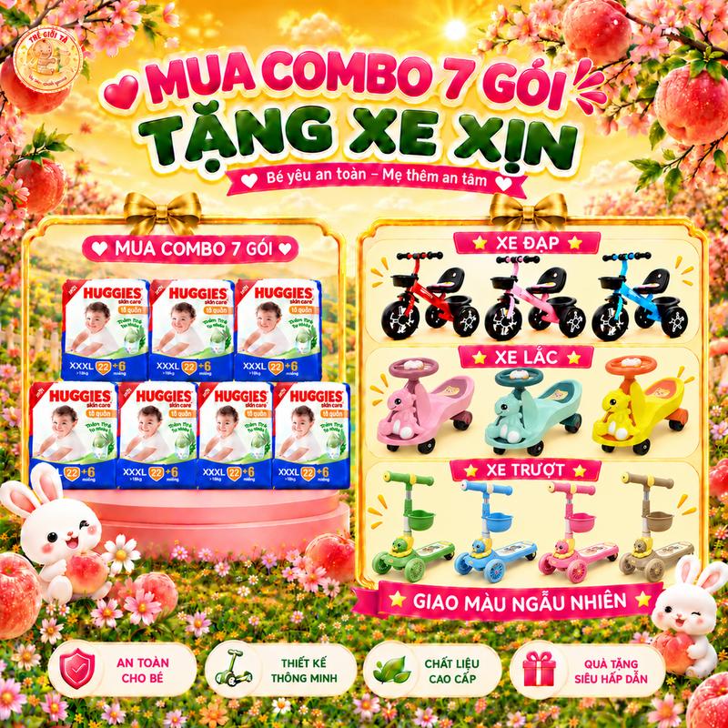 Combo 7 gói tã quần HUGGIES SKINCARE 3XL - TẶNG NGAY XE ĐẠP, XE LẮC HOẶC XE TRƯỢT CHO BÉ
