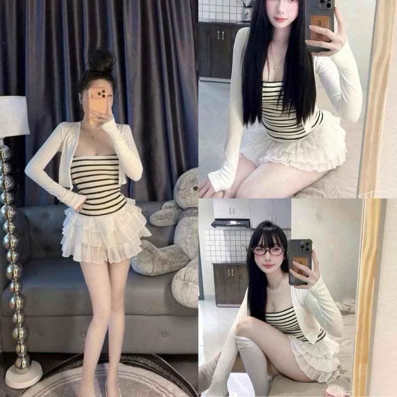 Set 3món sọc cv voan trắng áo ống sọc kèm chân váy xoè voan tầng xinh xắn điệu đà dành cho Nữ