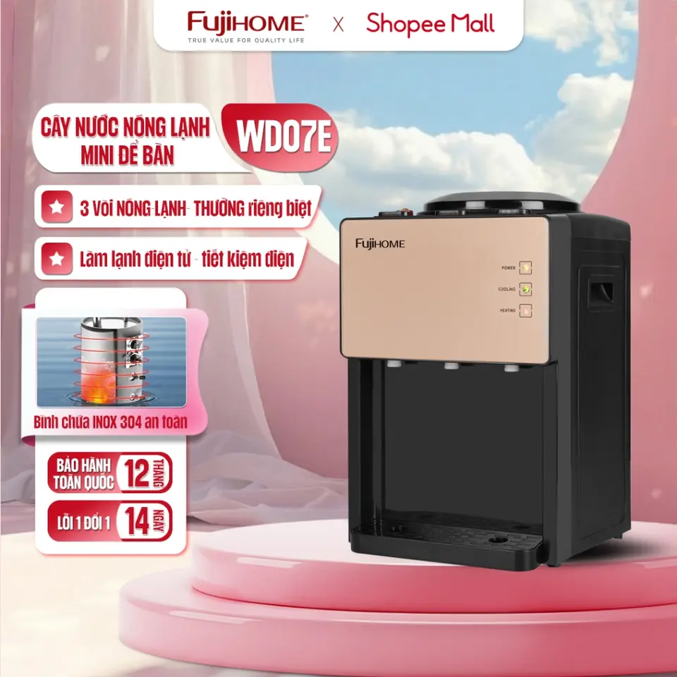 Cây nước nóng lạnh 3 vòi mini để bàn khoá an toàn, máy lọc nước uống gia đình tự ngắt tiết kiệm điện tiện lợi