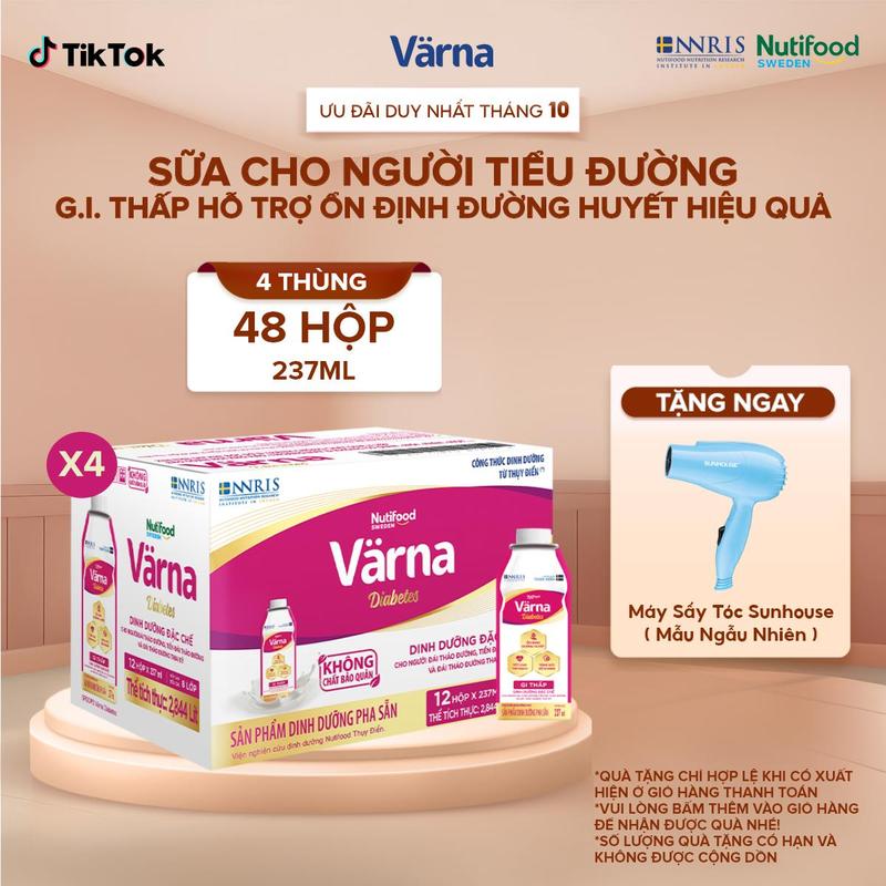 [Live] Combo 4 thùng 12 Sữa Bột Pha Sẵn Varna Diabetes - Hỗ Trợ Ổn Định Đường Huyết (48 hộp x 237ml)