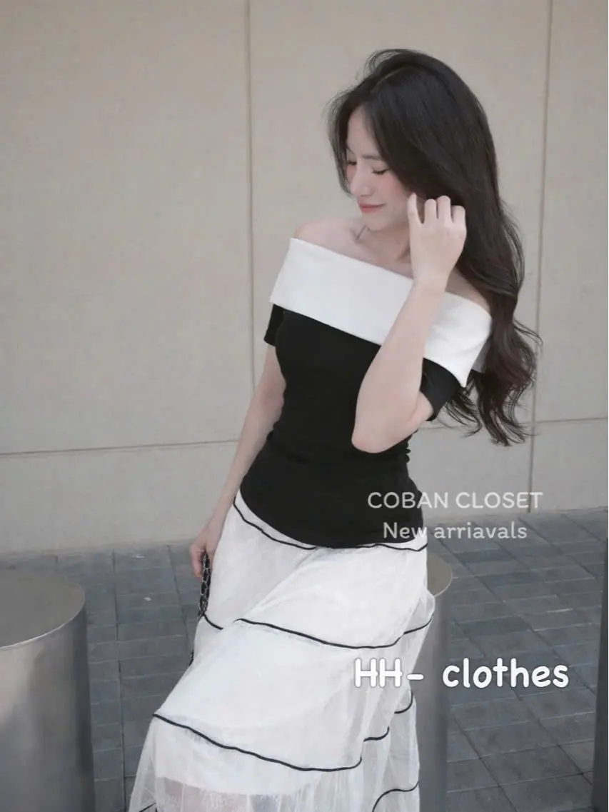 HL06 Áo Trễ Vai Nữ Phối Cổ Trắng Tay Ngắn Dáng Ôm Body Tôn Dáng Phong Cách Hàn Quốc | BigBuy360 - bigbuy360.vn