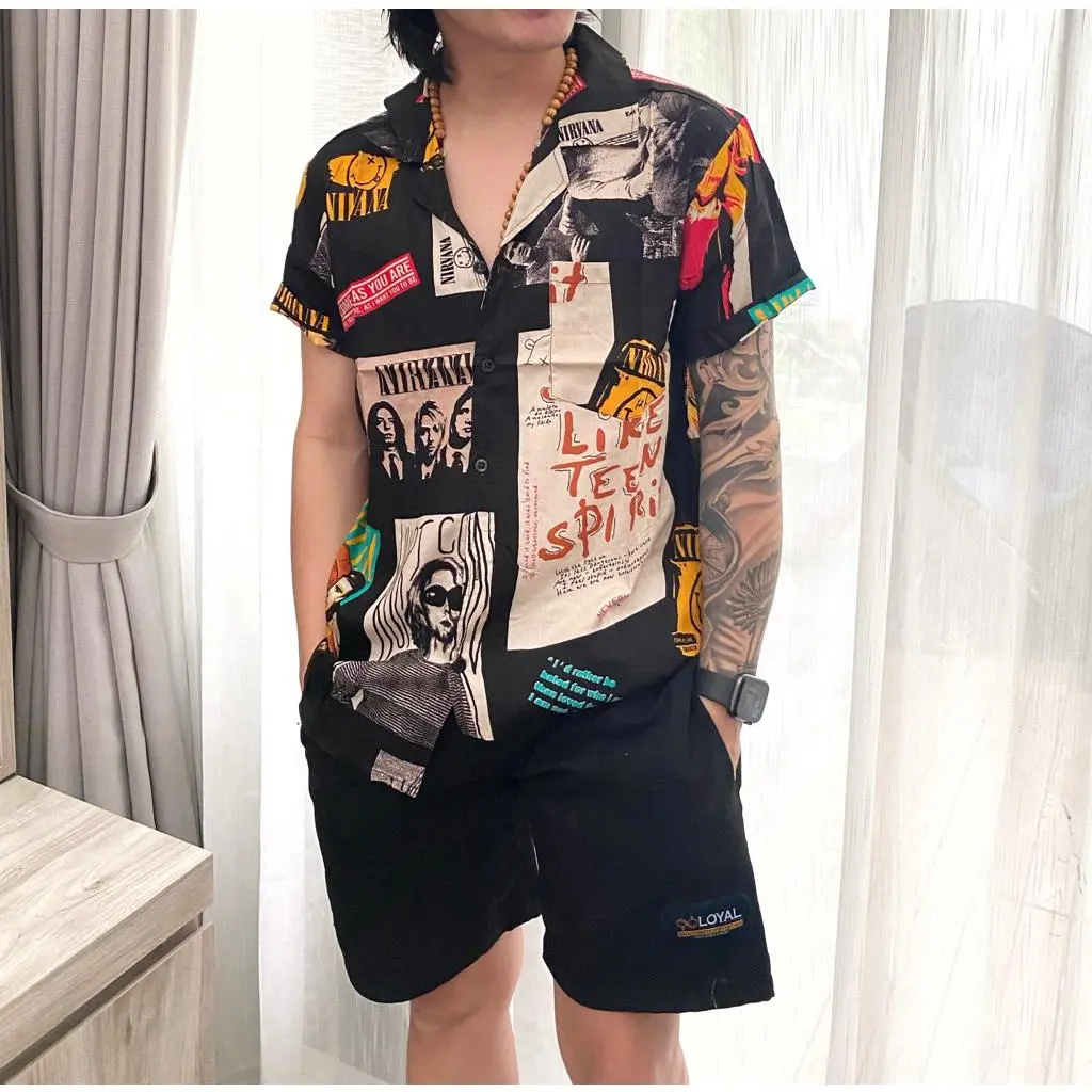 kemeja distro KEMEJA NIRVANA ready size M L XL atasan pria bahan katun rayon amarilo