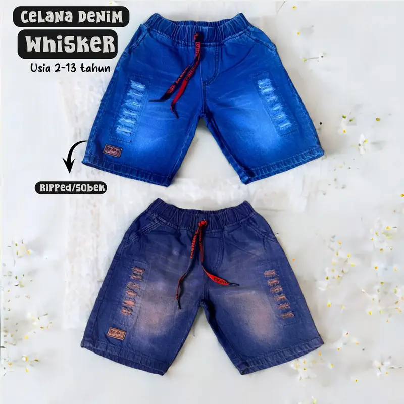 Celana Anak Pendek Jeans Tali Kolor Wisker Ripped Sobek Usia 1-13 Tahun Terbaru Bayi Cowok Matt Softjeans Nonstret - Fashion 0