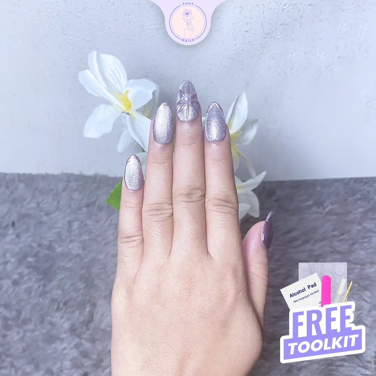 Kuku palsu/ nail art/ press on nails cat eye warna purple motif bunga