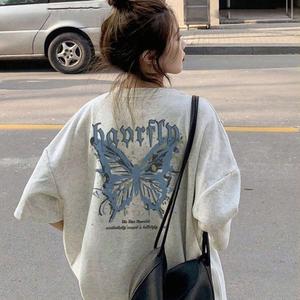 レディース半袖Tシャツ、英字蝶プリントクルーネック、ゆったり、純綿カジュアルトップス、クルーネック、ゆったりシルエット、レディースサマープリントTシャツ