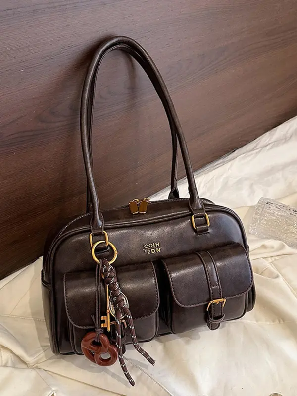 Women's Retro Solid Color PU Leather Shoulder Bag, Large Capacity Crossbody Bag with Detachable Accessory Charm, Casual Trendy Versatile High-quality Daily Commuting Bag 2