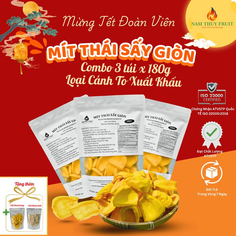 Mít Thái Sấy Giòn – Mít Sấy - Loại Cánh To Xuất Khẩu , Ăn Vặt Giòn Ngon Dinh Dưỡng , Không Đường ,  An Toàn Vệ Sinh, Combo 3 Túi x 180g Tặng 1 Túi khoai Lang + 1 Túi Khoai Môn - NamThuyFruit