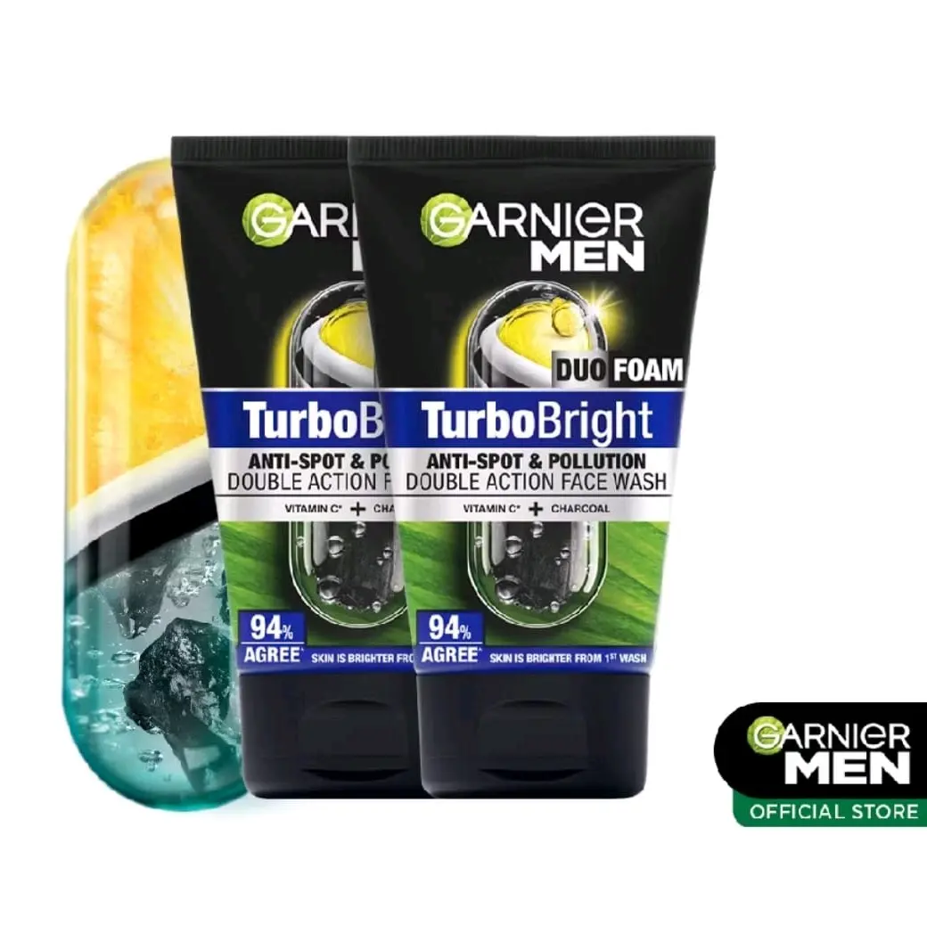 2 Pcs Sabun Wajah Garnier Men Turbo Bright [Twin Pack/100ml] - Membersihkan dan Mencerahkan Kulit dengan Ekstrak Lemon dan Antioksidan - Hitam