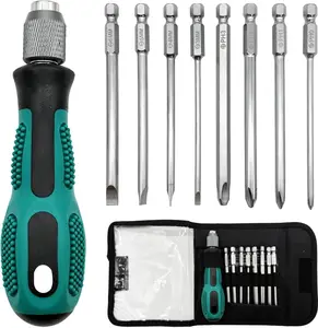 9 in 1 Obeng Magnetik dengan 8 Mata Obeng Pipih & Kepala Obeng Silang Set Alat Kunci Multifungsi untuk Proyek DIY Obeng Plus Minus