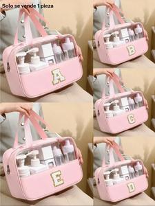 Bolsa de maquillaje transparente con letras, organizador de moda cuadrado en color sólido, bolsa de almacenamiento impermeable de PU, bolsa de viaje con etiqueta de inicial de fieltro para mujeres