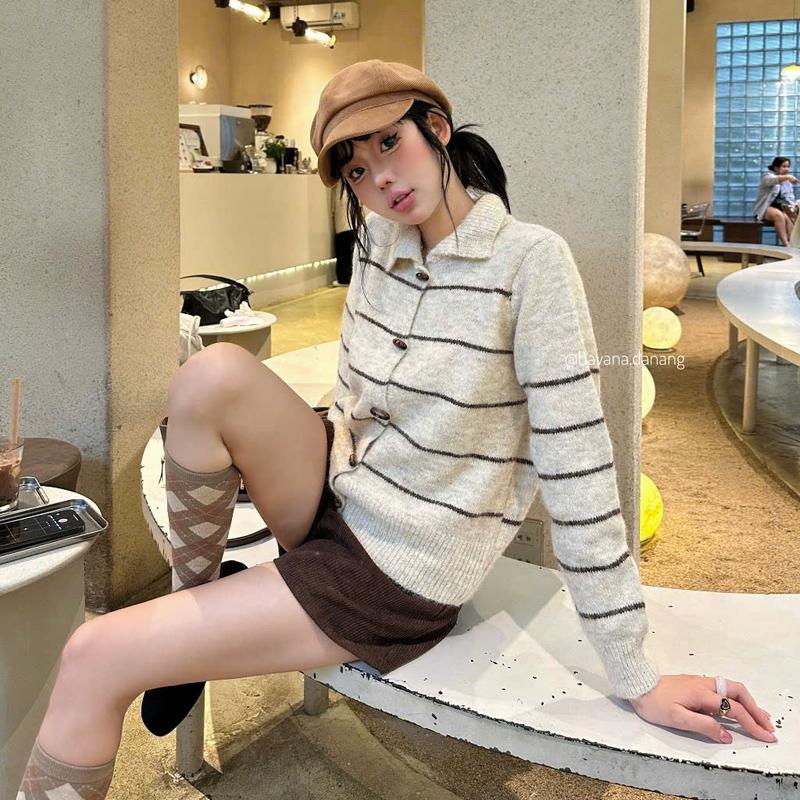    Hàng QC Loại 1   DEAL MỞ BÁN Áo Khoác Cardigan Kẻ Ngang Nhỏ CỔ BẺ Áo Form Dáng Suông Thiết Kế Thoải Mái Khi Mặc Cho Chị Em Orange closet 