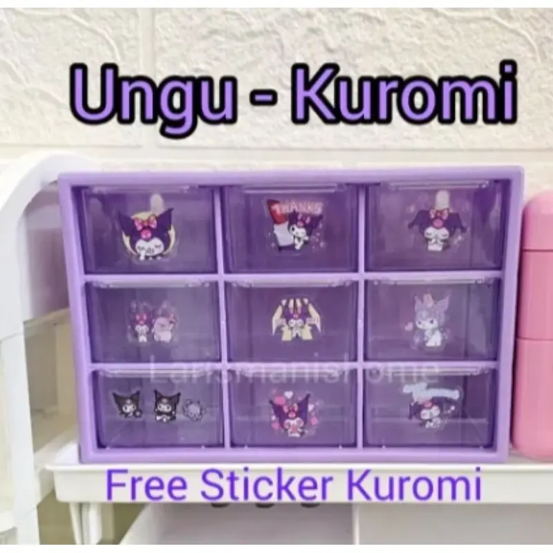 Kotak Laci Mini 9 Sekat Free Sticker Random Hello Kitty Melody Kuromi Cinnamoroll Pompurin Rak Laci Penyimpanan Aksesoris 5